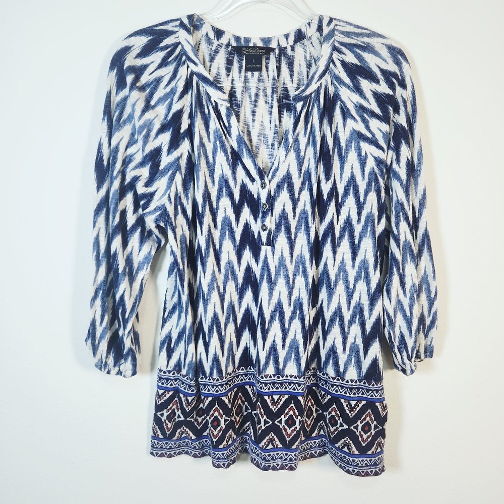 Lucky Brand Womens Top Size Large Raglan Sleeves Blue Print V Neck Cotton Modal
